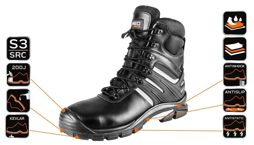 NEO TOOLS Wysokie buty robocze, klasa S3 SRC, skóra poliuretanowa, tkanina Oxford, metalowe szlufki, elementy odblaskowe (eu_footwear_size_system, dorośli, numeric, medium, numeric_43)