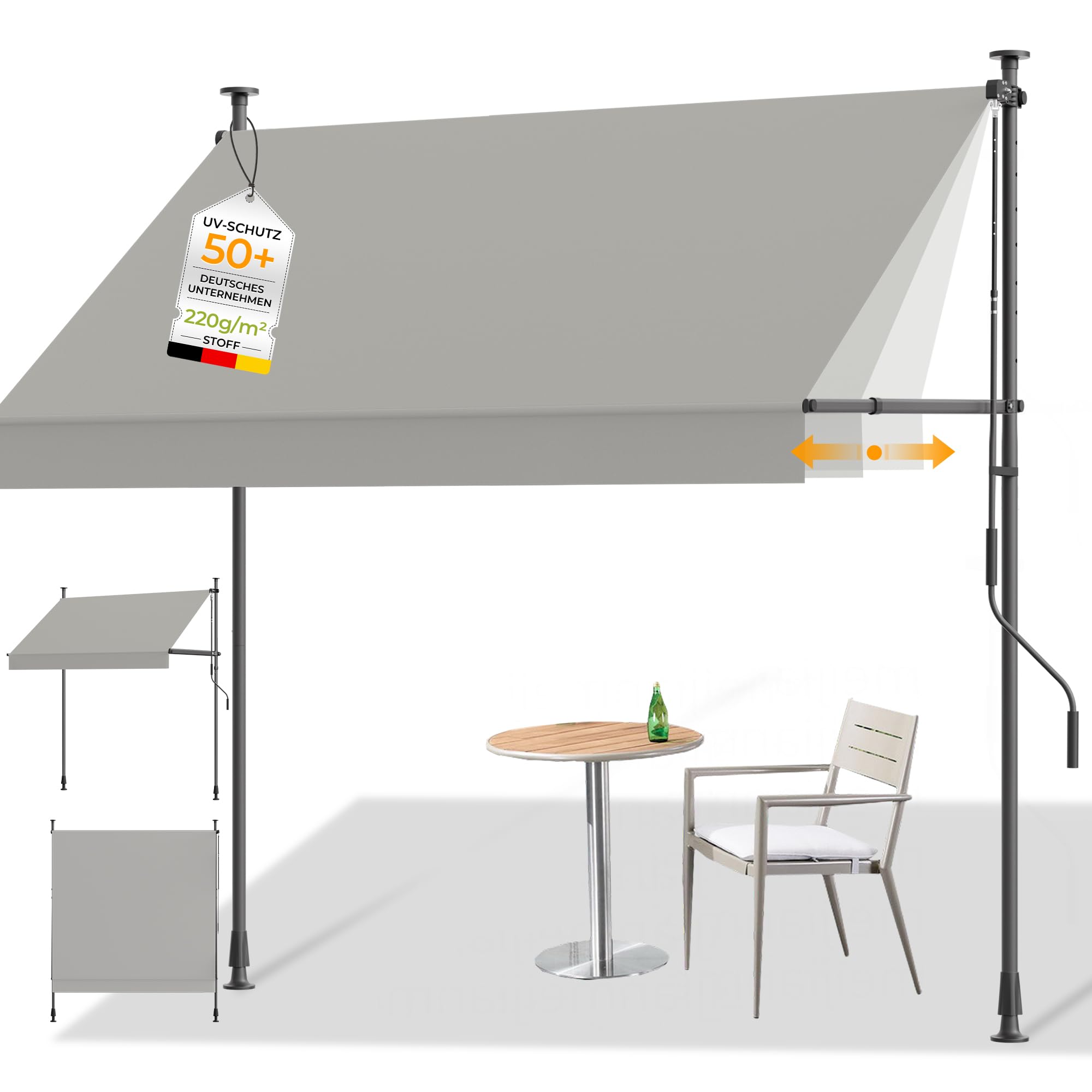 HOMEDEMO Store Balcon Rétractable avec poignée réglable, Résistant aux UV, Auvent Manuel Rétractable, Store Banne Hauteur et Inclinaison Réglable, pour Jardin, Patio Gris250 x (120-150) cm