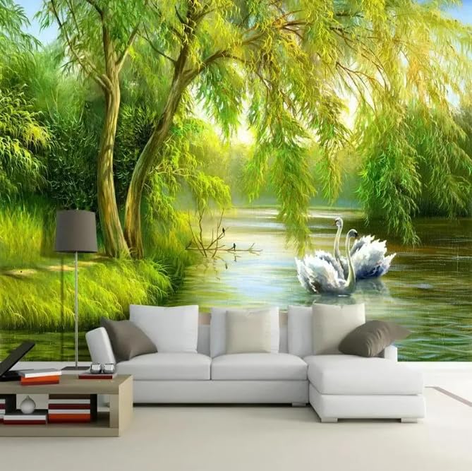Papier peint 3D forêt pour agrandir un salon avec un paysage de lac
