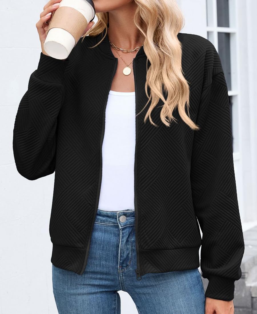 PANOZON Femmes Manches Longues Blouson Jacquard Bombardier Décontracté Zippée Veste de Baseball Légère