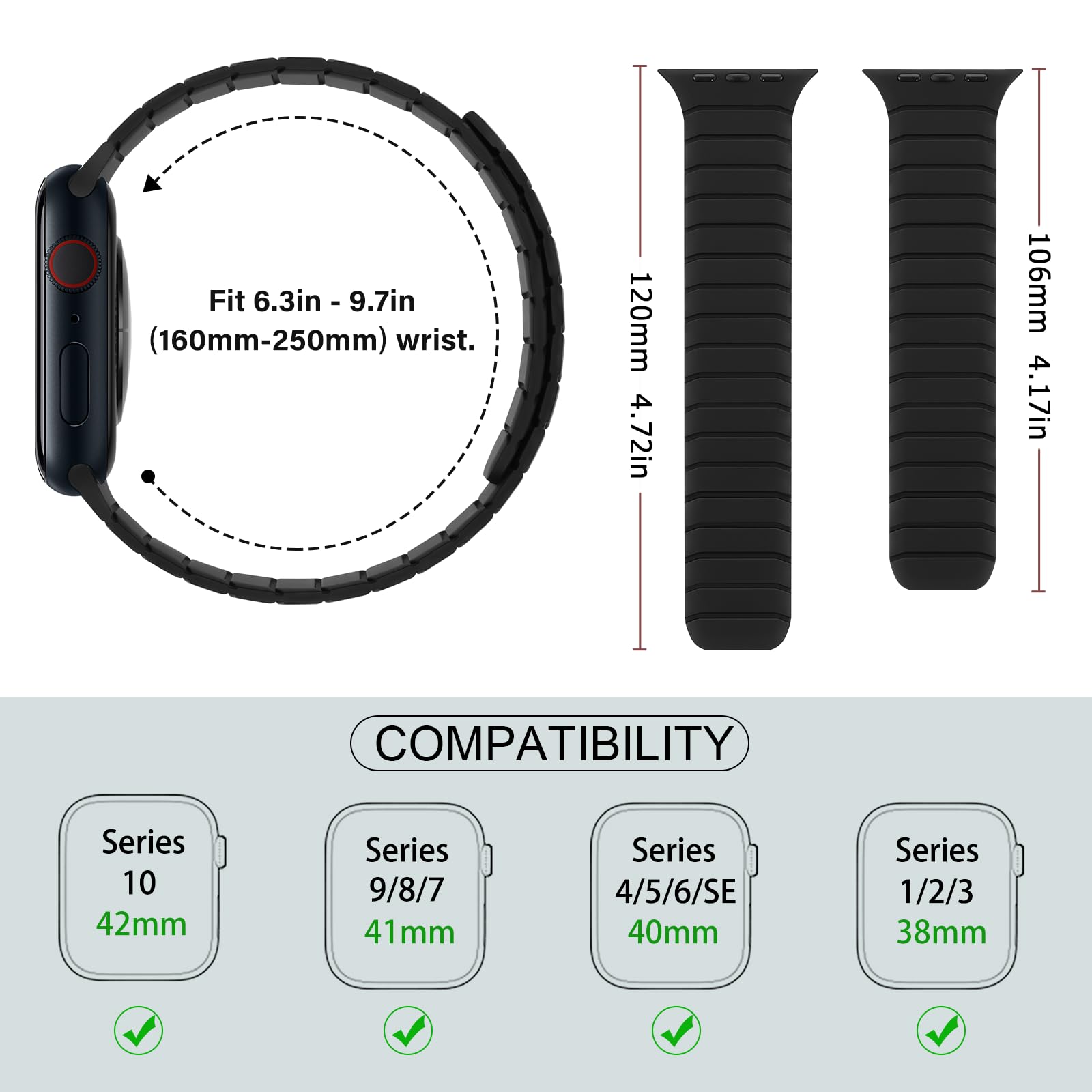 Sixmoat Cinturino Magnetico in Silicone Compatibile con Apple Watch 42mm(Series 10) 41mm 40mm 38mm per Uomo e Donna, Cinturini Sportivo e Leggero per Ultra SE Series 10 9 8 7 6 5 4 3, Nero