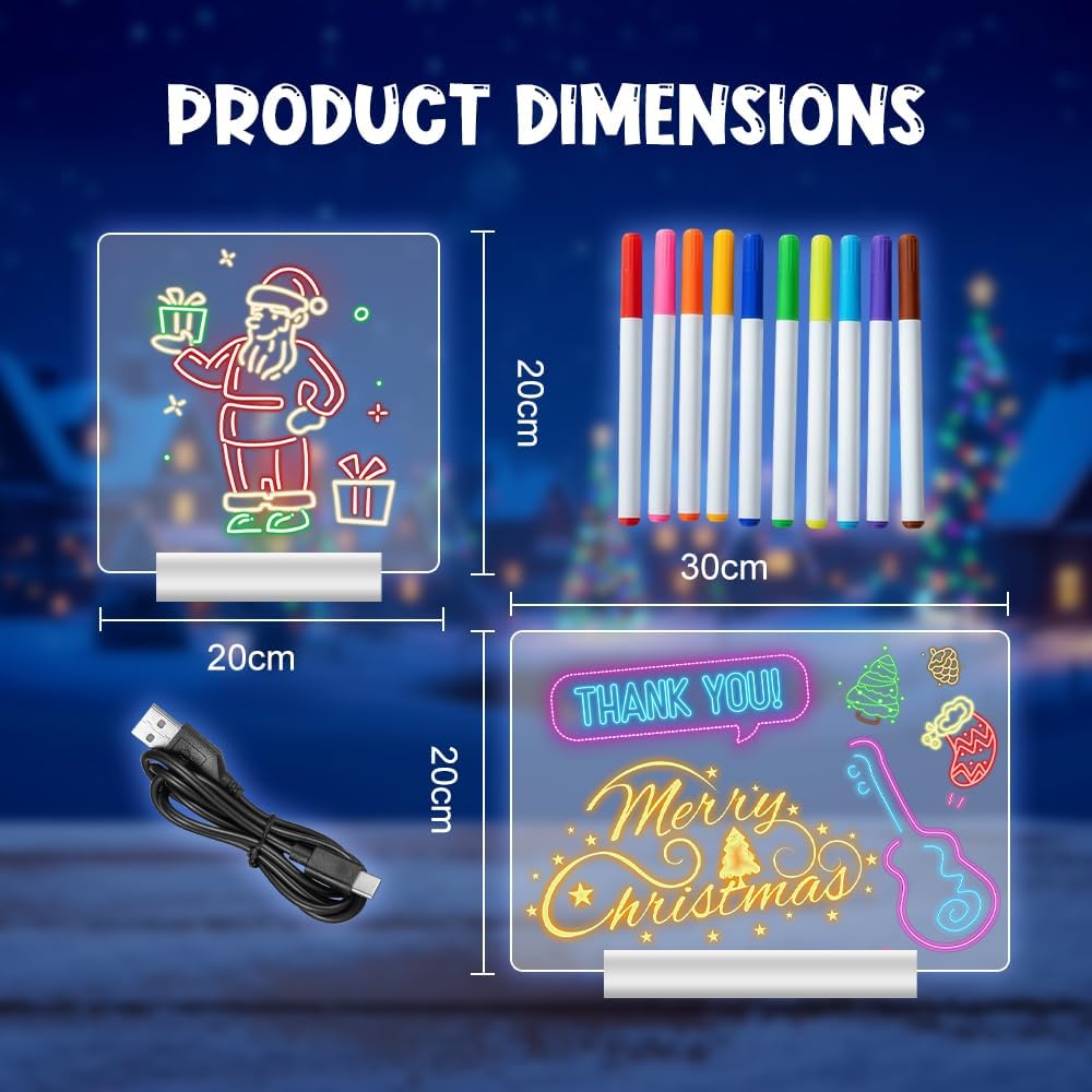 Led Drawing Board, Rechargeable LED Note Board with Colors 12 Markers, Light Up Acrylic Dry Erase Board with Stand for Office/Home Christmas Decor/Gifts (White, 7.8x7.8in)