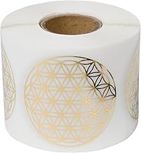 PROlac Flower of Life Stickers, Pack of 500 on Roll, Self-Adhesive Labels, Perfect for Decorating, 50 x 50 mm, Flower of Life Sticker with Shiny Metal Foil (Transparent/Gold)