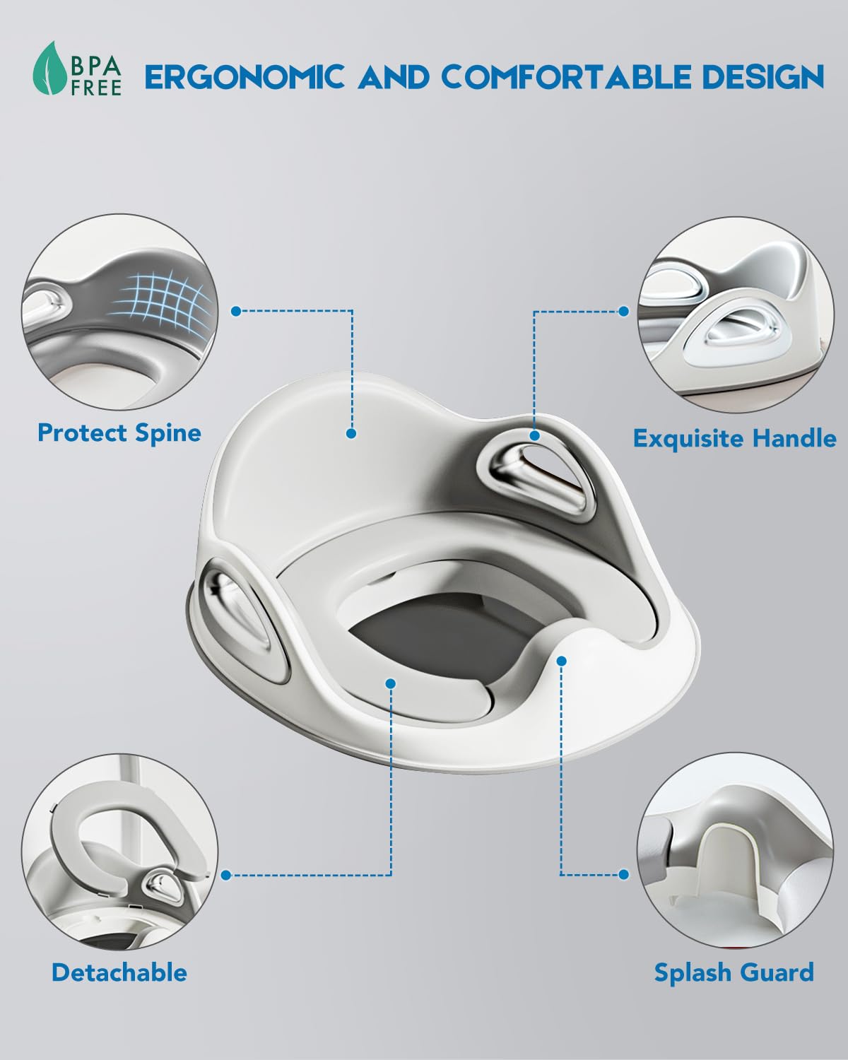 Asiento de inodoro de entrenamiento para niños y niñas con asas galvanizadas, diseño antideslizante y protector contra salpicaduras, cojín de asiento de silicona desmontable mejorado, adecuado para