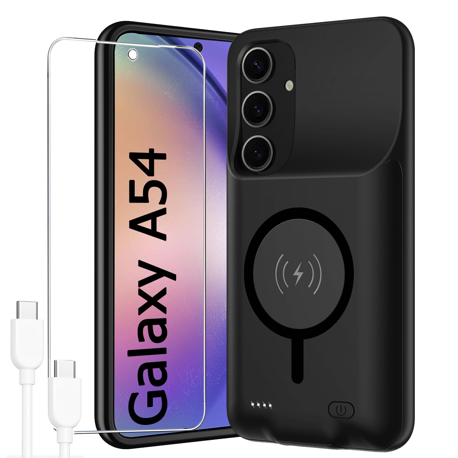 Battery Case for Galaxy A54, 2024 New 12000mAh Portable Protective Charging Case with Wireless Charging Compatible for Galaxy A54 5G Battery Pack Charger Case with Carplay (Black)