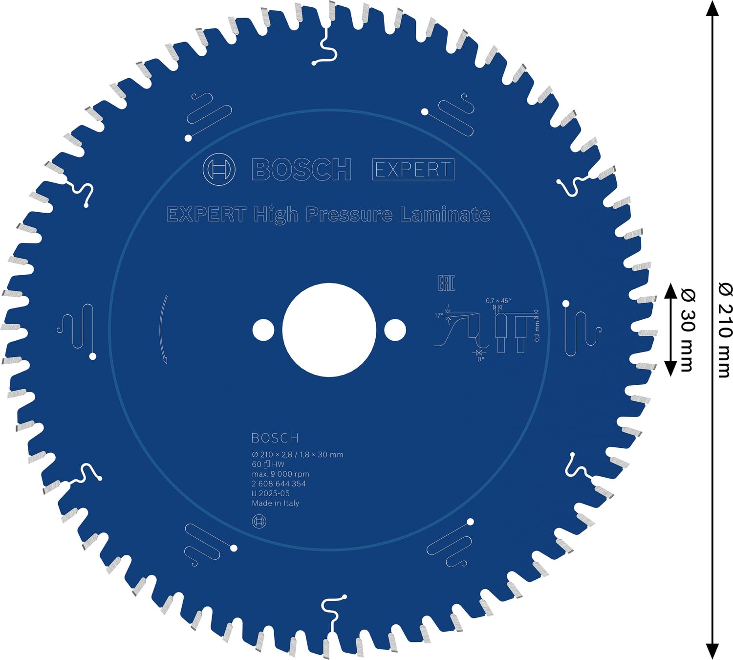 Bosch Professional 2608644354 Expert for High-Pressure Laminate-Hoja de Sierra Circular (para Placas de plástico de Alta presión, 210 x 30 x 2,8 mm, 60 Dientes, Accesorios), 0 W, 0 V, Ø 210 mm