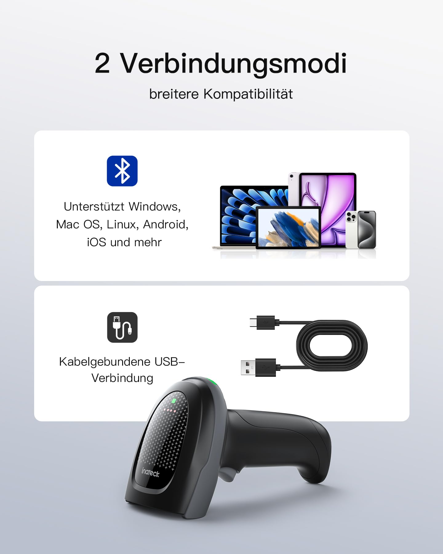 Inateck Barcode Scanner Kabellos 2D PDF417, QR Code Scanner mit 2 x 2000mAh Austauschbaren Akkus, mit Ladestation, mit Bluetooth und Kabel USB, Kompatibel Android iOS, für Lagerhaltung und Logistik