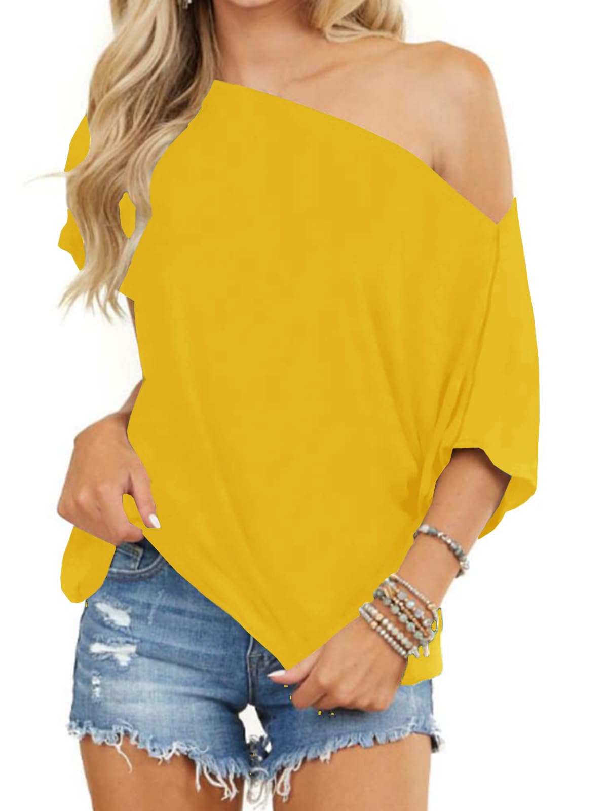 Eniloyal Tshirt Damen Elegant Sexy One Shoulder Oberteil Oversized T Shirt Damen Shirts Fledermausärmel Kurzarm Basic T-Shirts Schulterfreies Tops Gelb S
