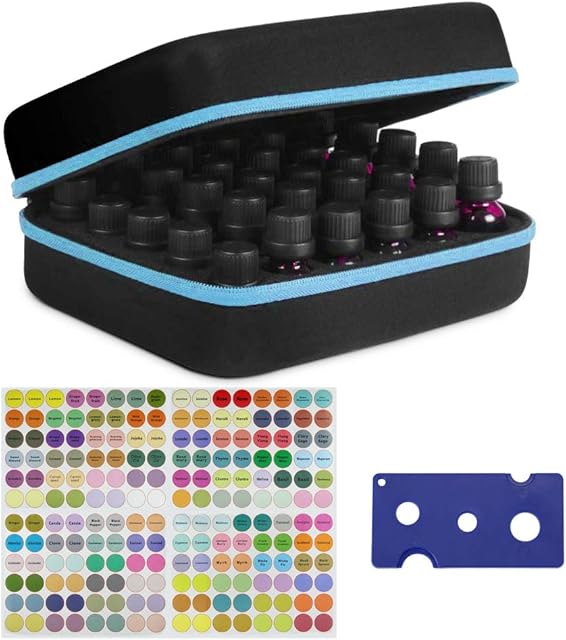 DECARETA 30 Bottles Essential Oils Handle Carrying Case,Waterproof Rigid Shell Essential Oil Storage Box with Label Stickers and Bottle Opener,Perfect for Essential Oil 5ml 10 ml (Blackand Blue)