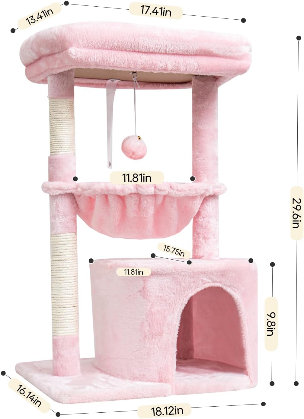 SYANDLVY Small Cat Tree for Indoor Cats, Cat Tower with Scratching Post, Modern Cat House with Padded Perch, Kittens Condo with Cradle, Cat Cave, Pink