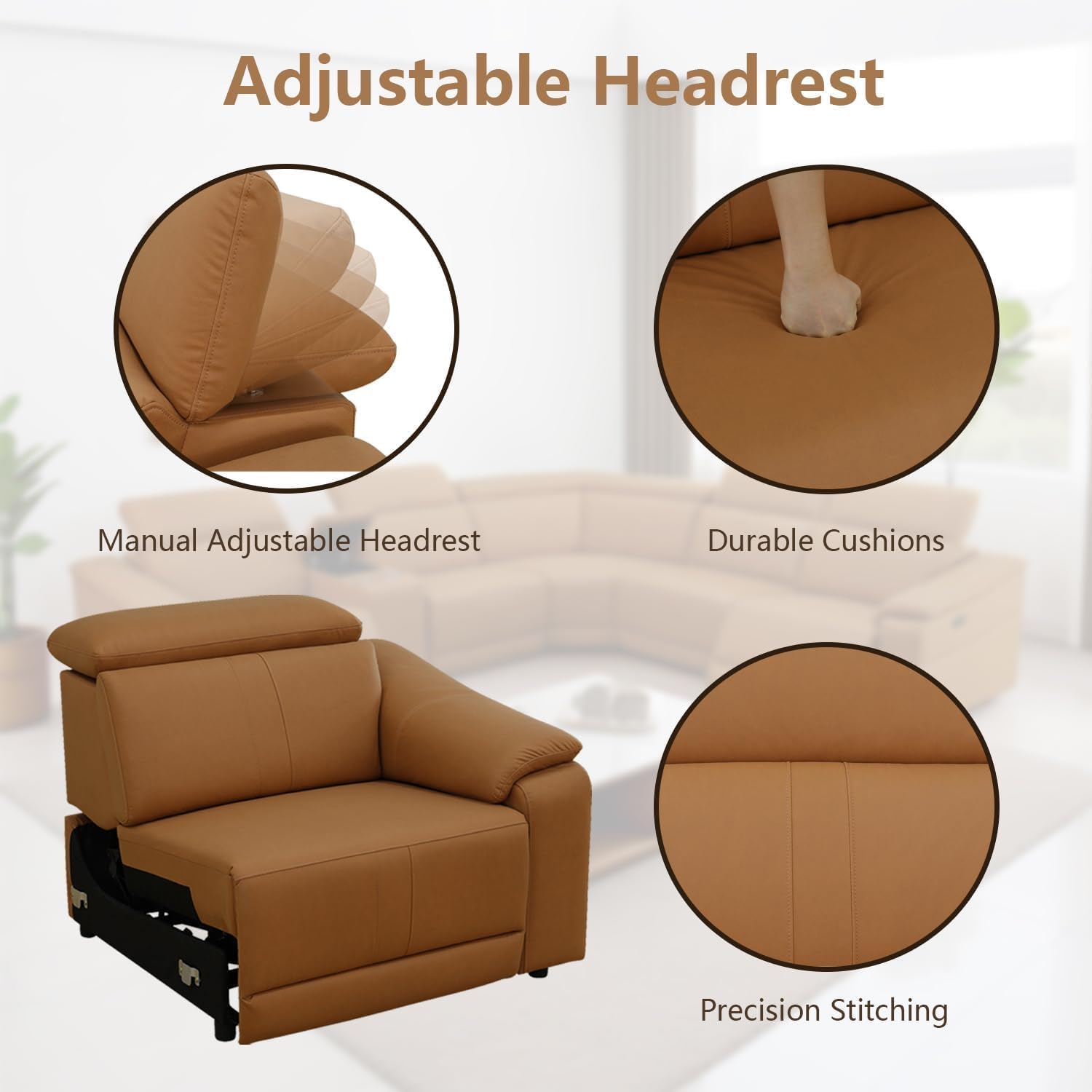 Power Reclining Sectional Sofa with Console，4 Seats Leather Sectional Couch Living Room Set L Shaped Couch with Cup Holders/USB Charging/Manual Adjustable Headrests,Ginger