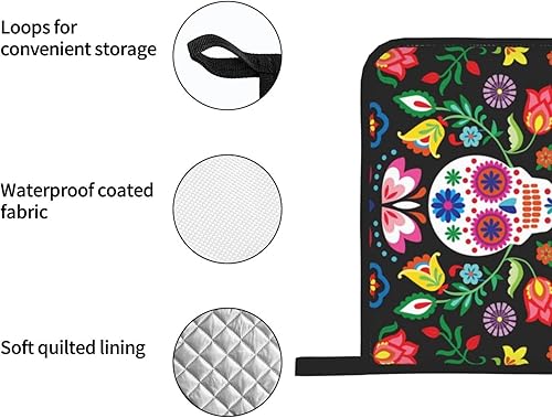 Miniatura 6 de Juego de 4 manoplas de horno y soportes para ollas con diseño floral de calavera mexicana, guantes resistentes al calor para cocina, hornear, asar a