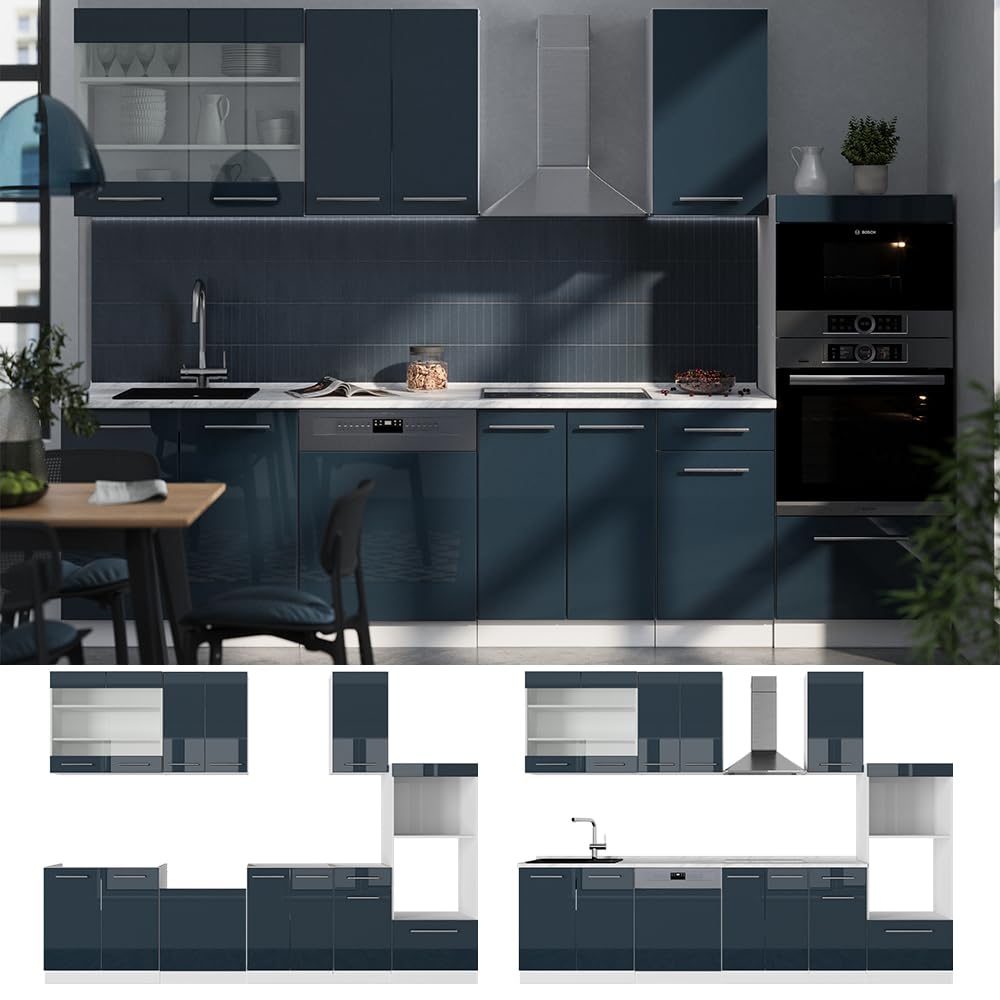Vicco Mueble de Cocina Fame-Line, Azul Oscuro Alto Brillo/Blanco, 300 cm con Armario Alto, sin encimera, para ampliación Individual con módulos complementarios