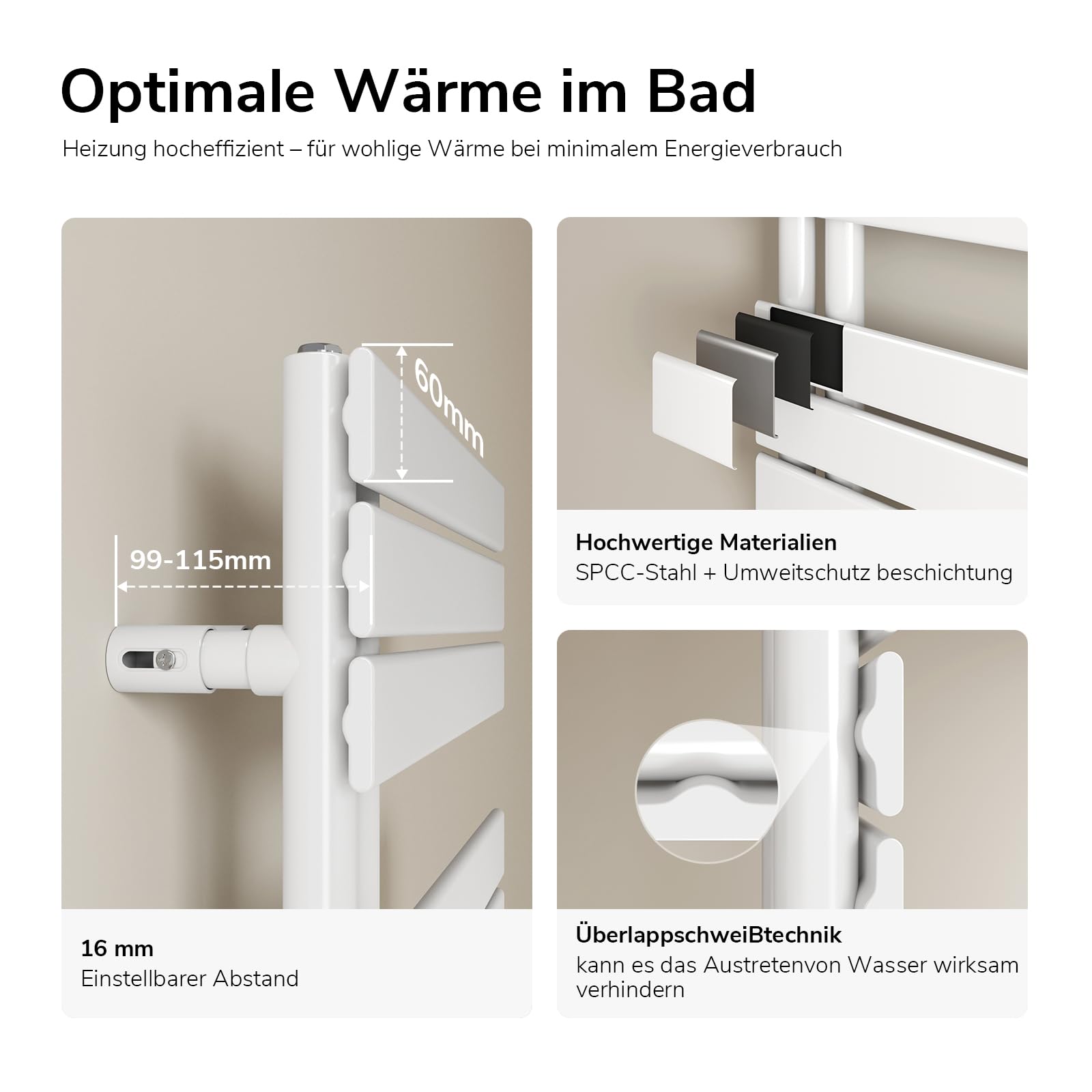 EMKE WiFi Handtuchheizkörper Elektrisch 762x500 mm 400W Weiß mit Thermostat
