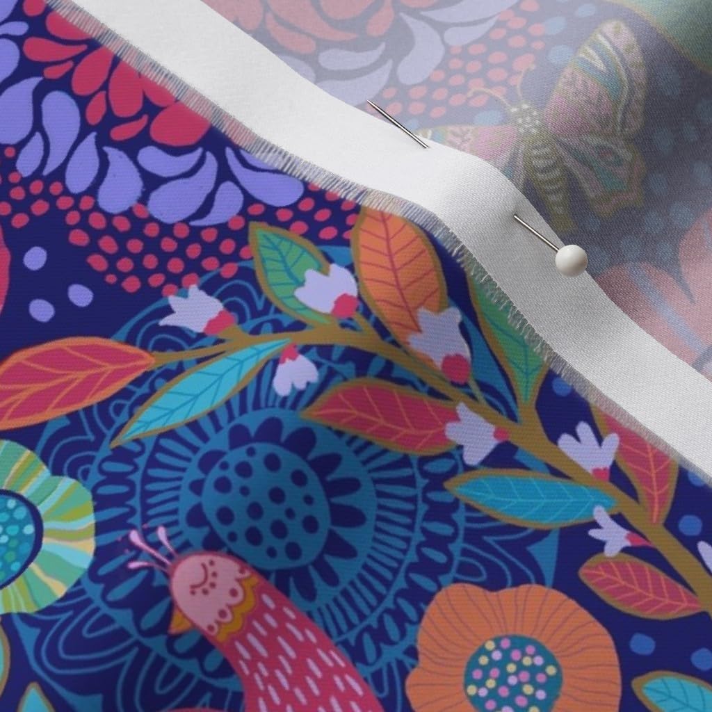 Spoonflower Fabric - Flowers Blue Garden Cats Folk 500Th Printed on Organic Cotton Sateen Fabric by The Yard - Sewing Quilting Apparel Home Decor