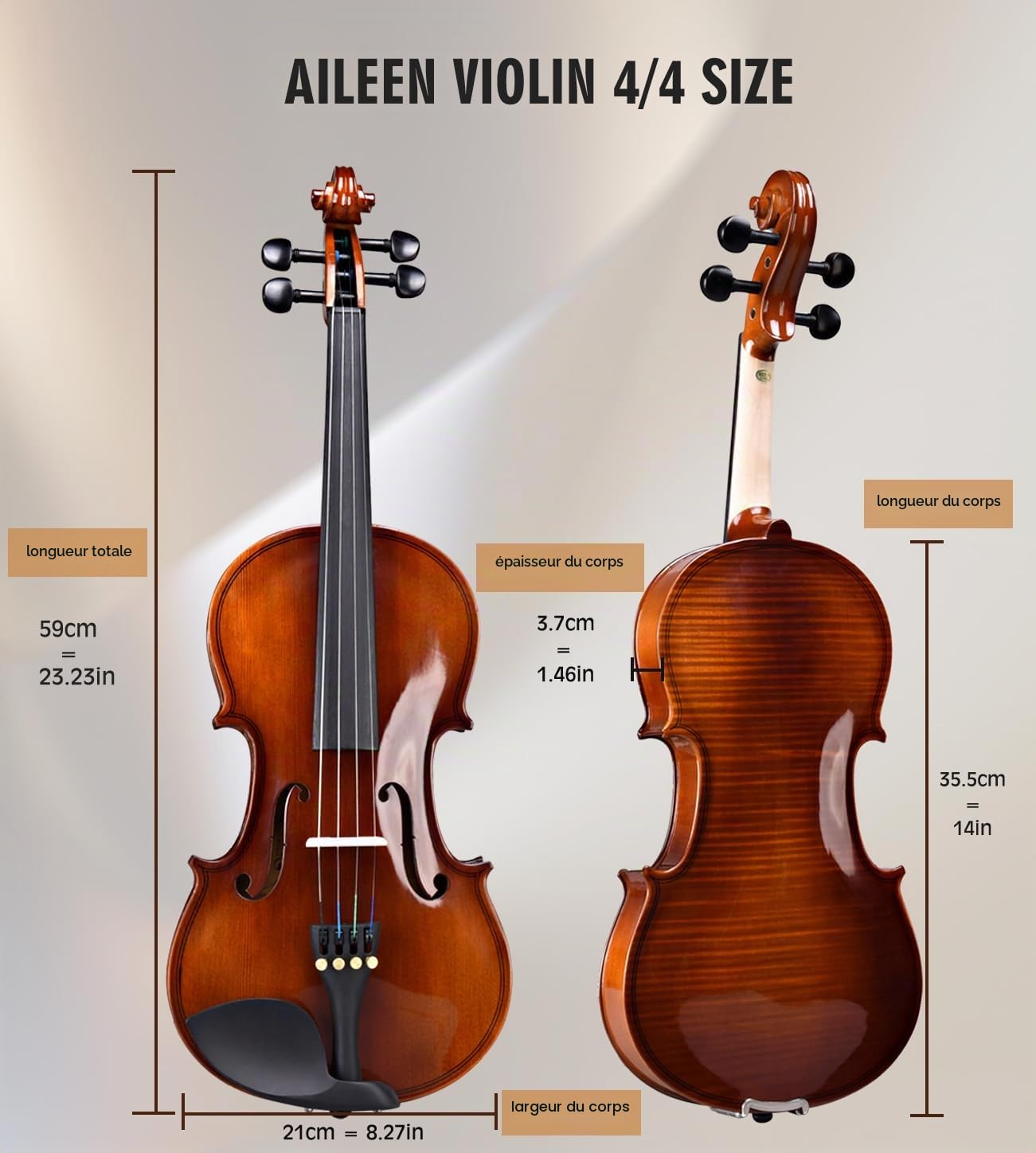 Violon 4/4 Adulte Aileen, Violon Débutant Aspect Antique Brillant