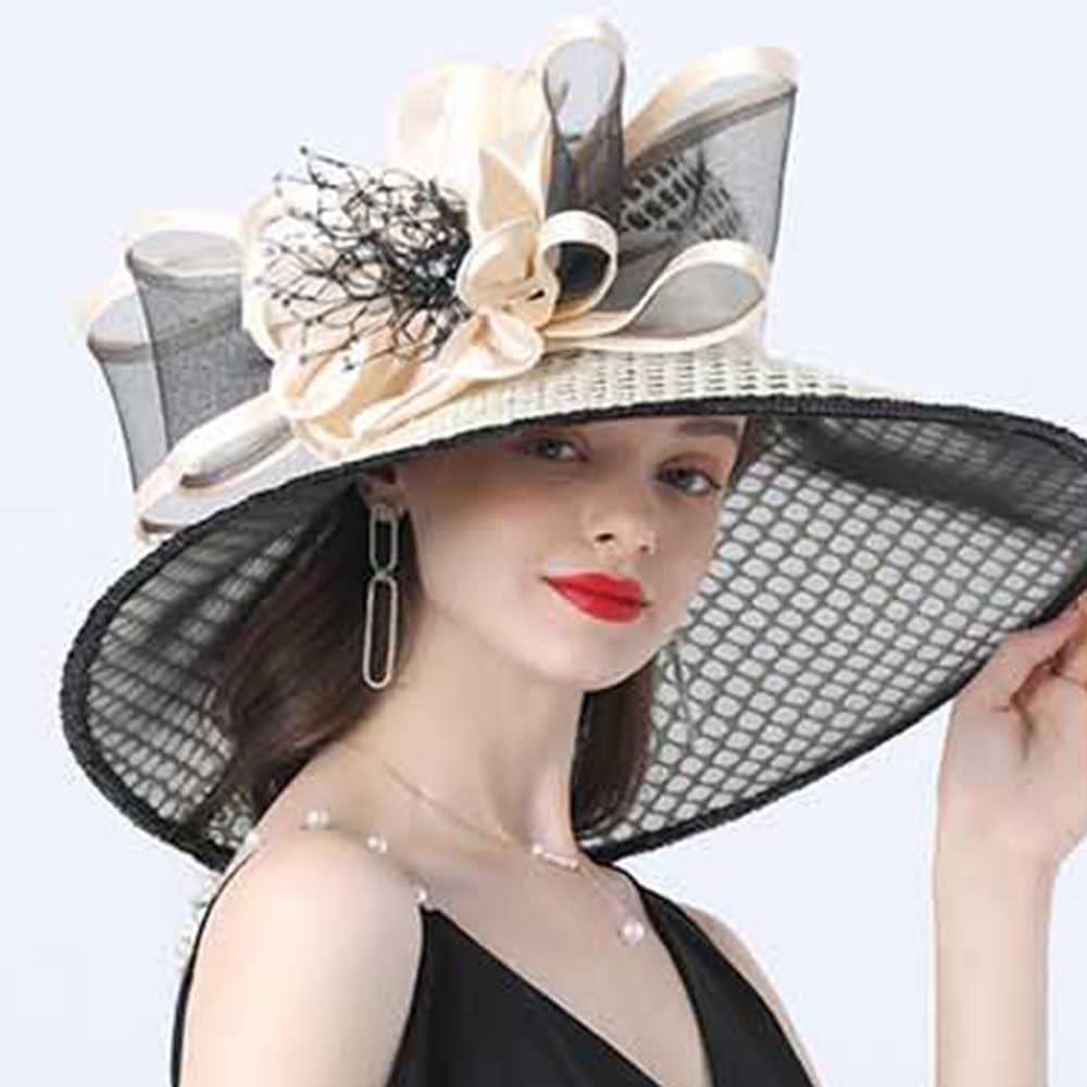 Women Party Church Derby Top Hats Organza Sun Visor Cap Ladies Flowers Fascinators Big Wide Brim Fedoras - Image 2
