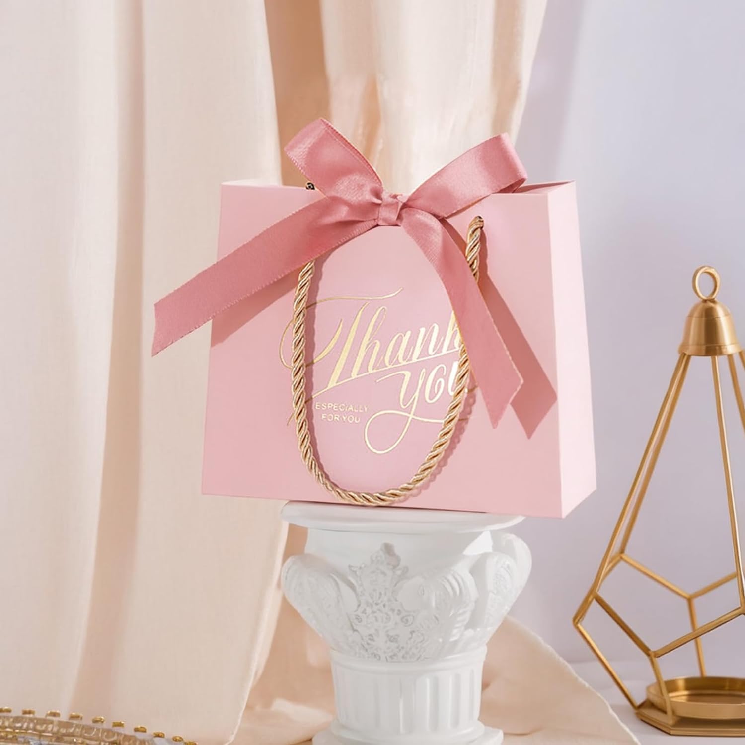 WATUNID 50PCS Small Thank You Gift Bags with Handles, 5.5''x 2.5''x 4.7'' Mini Gift Bags Bulk with Bow Ribbon, Party Favor Bags Candy Bags for Party Wedding Valentine's Day Baby Shower(Pink) - Image 5