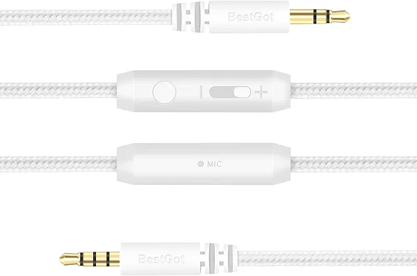 BESTGOT Audio Cable with Microphone Volume Control Aux Cord 3.5mm (4.3ft / 1.3m) for PS4 Controller, Headphones, Tablet PC, Computer, Laptop,Car,Mobile Phone and More (1 Pack White)