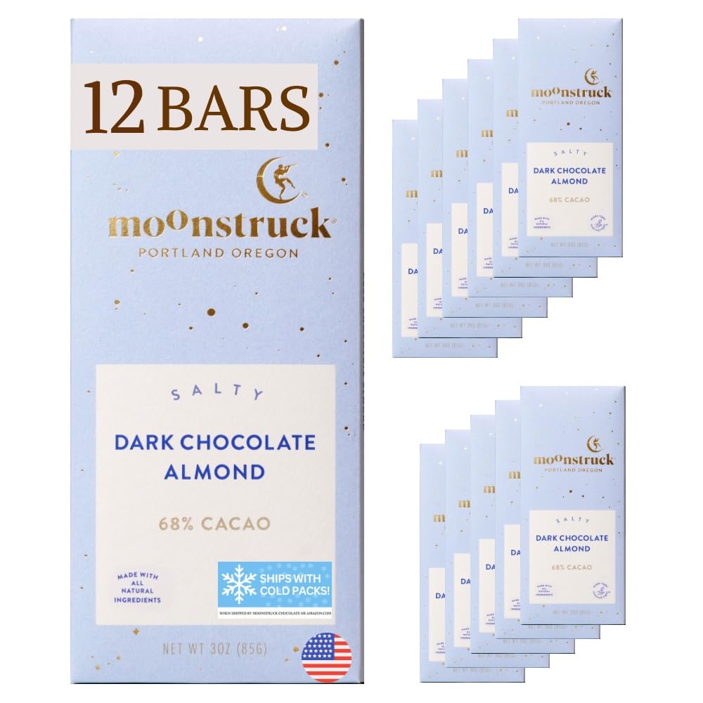 Moonstruck Chocolate Dark Chocolate Bar with Sea Salt and Almonds, 68% Cacao, 3.0oz (Pack of 12)
