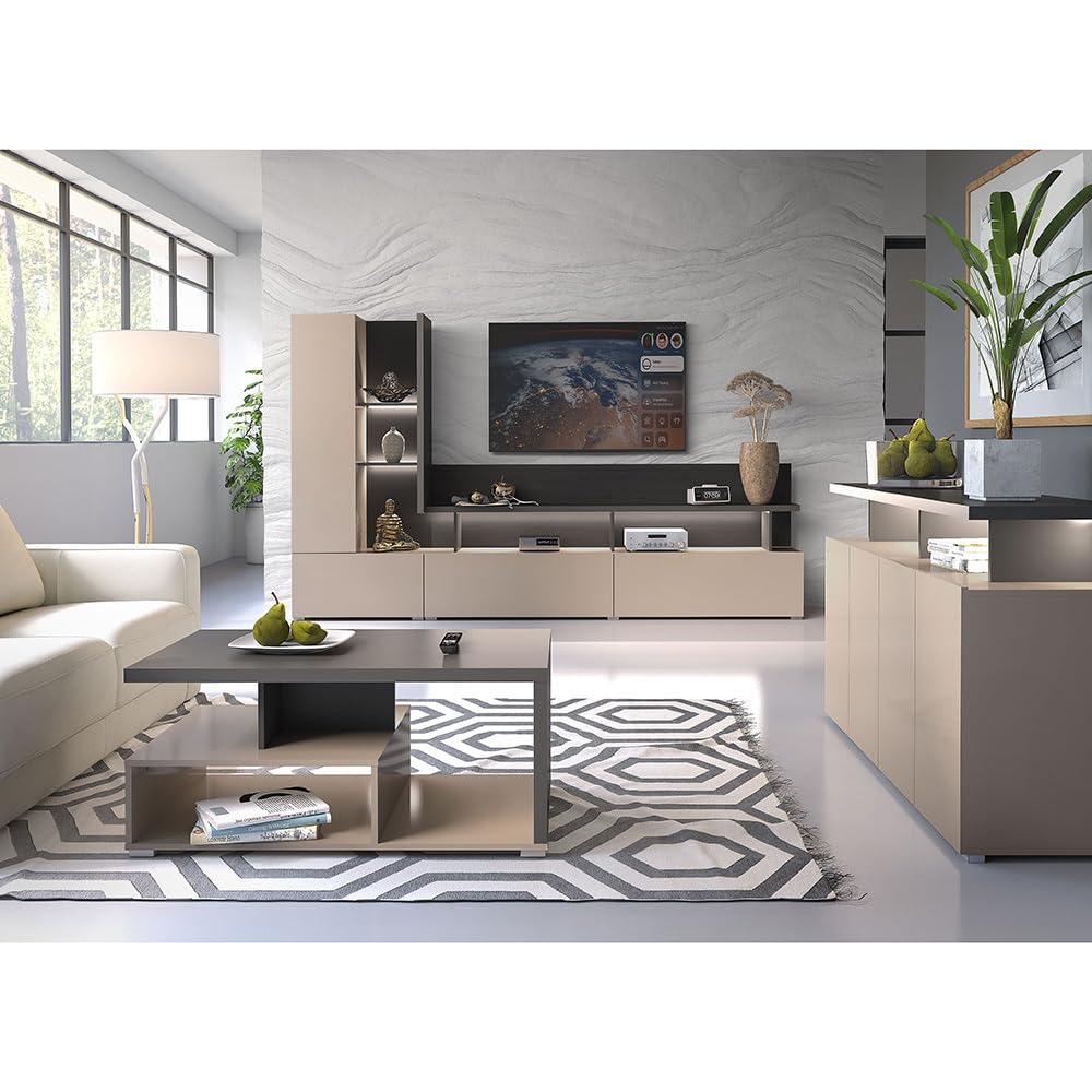 Lomadox Wohnzimmer Set grifflos in beige mit anthrazit mit LED Beleuchtung Couchtisch Sideboard Wohnwand