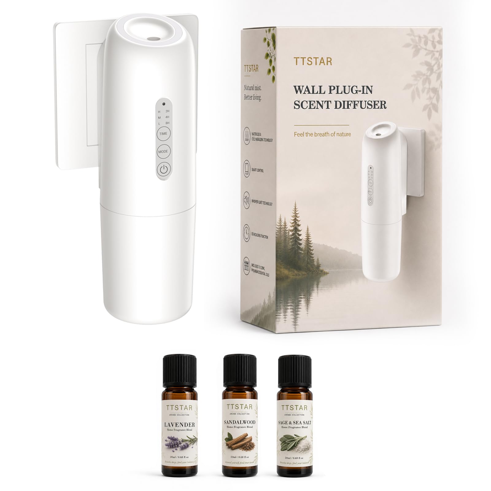 TTSTAR Home Diffusore di aromi plug-in – a basso rumore, timer e controllo app, nebulizzazione senz'acqua, include 3 fragranze premium – perfetto per camera da letto, ufficio, spa (bianco conchiglia)