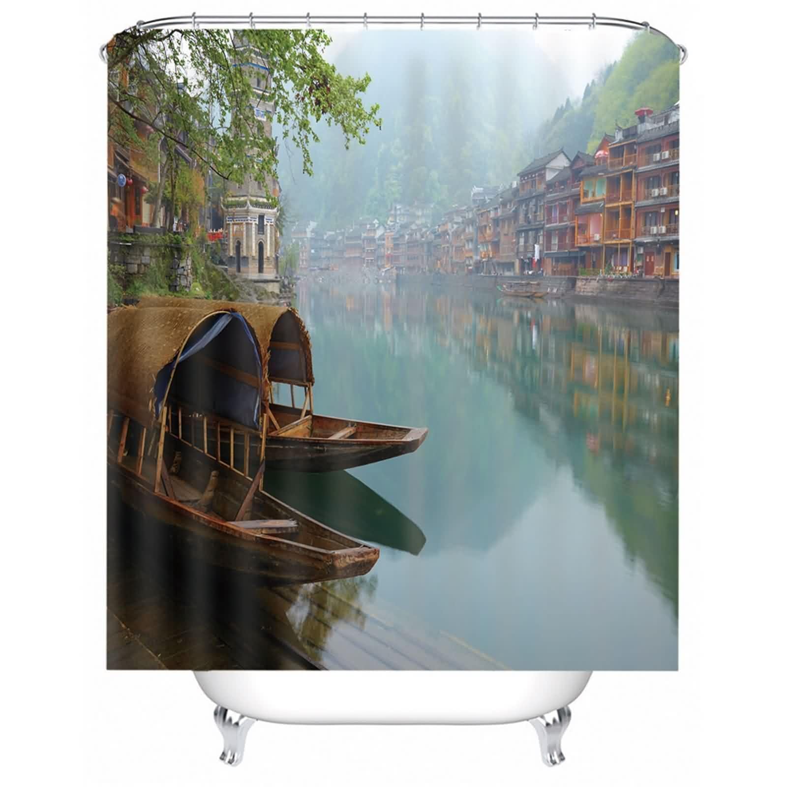 Rideau de douche bateau ville aquatique en polyester marron pour une ambiance spa à la maison