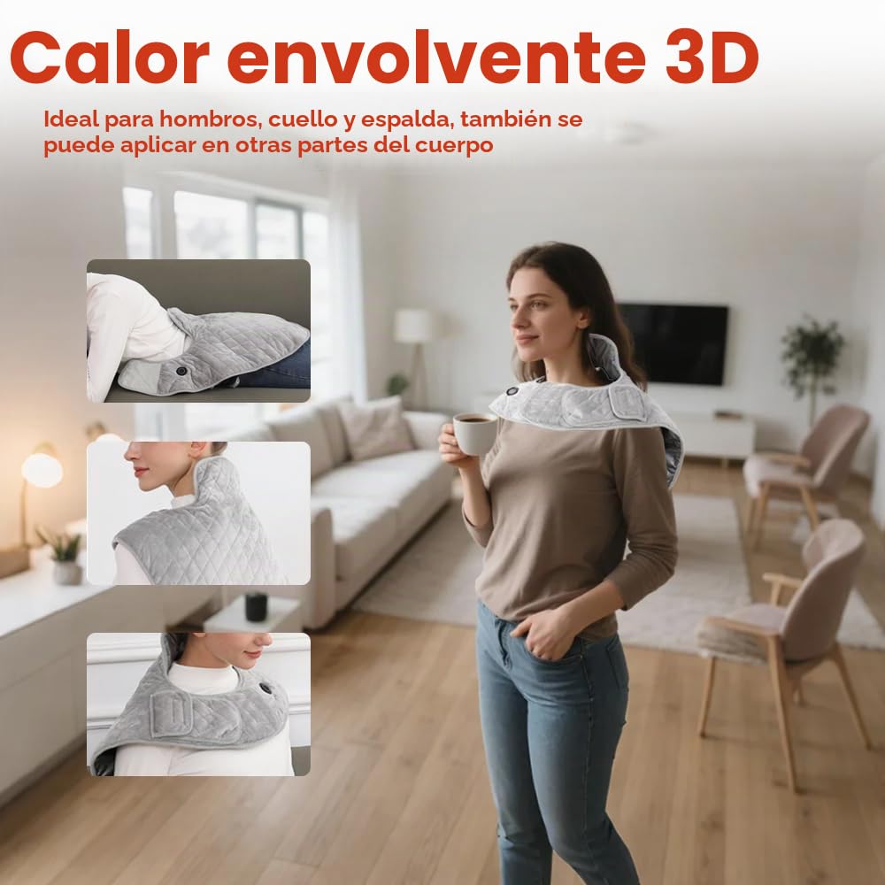 Manta Electrica Espalda y Cuello, Almohadilla térmica inalámbrica Portátil con batería externa de 16000 mAh, Para Aliviar el dolor de cuello y hombros, 3 niveles de temperatura y apagado