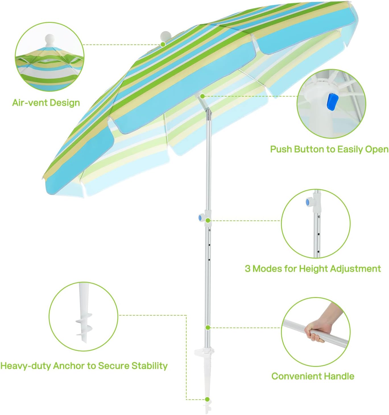 Duerer Beach Umbrellas, 6.5ft Umbrella for Sand with Anchor Heavy Duty Windproof, Height Adjustable Tilt Aluminum Pole, Portable Beach Umbrella with Carrying Bag for Patio Garden Outdoor