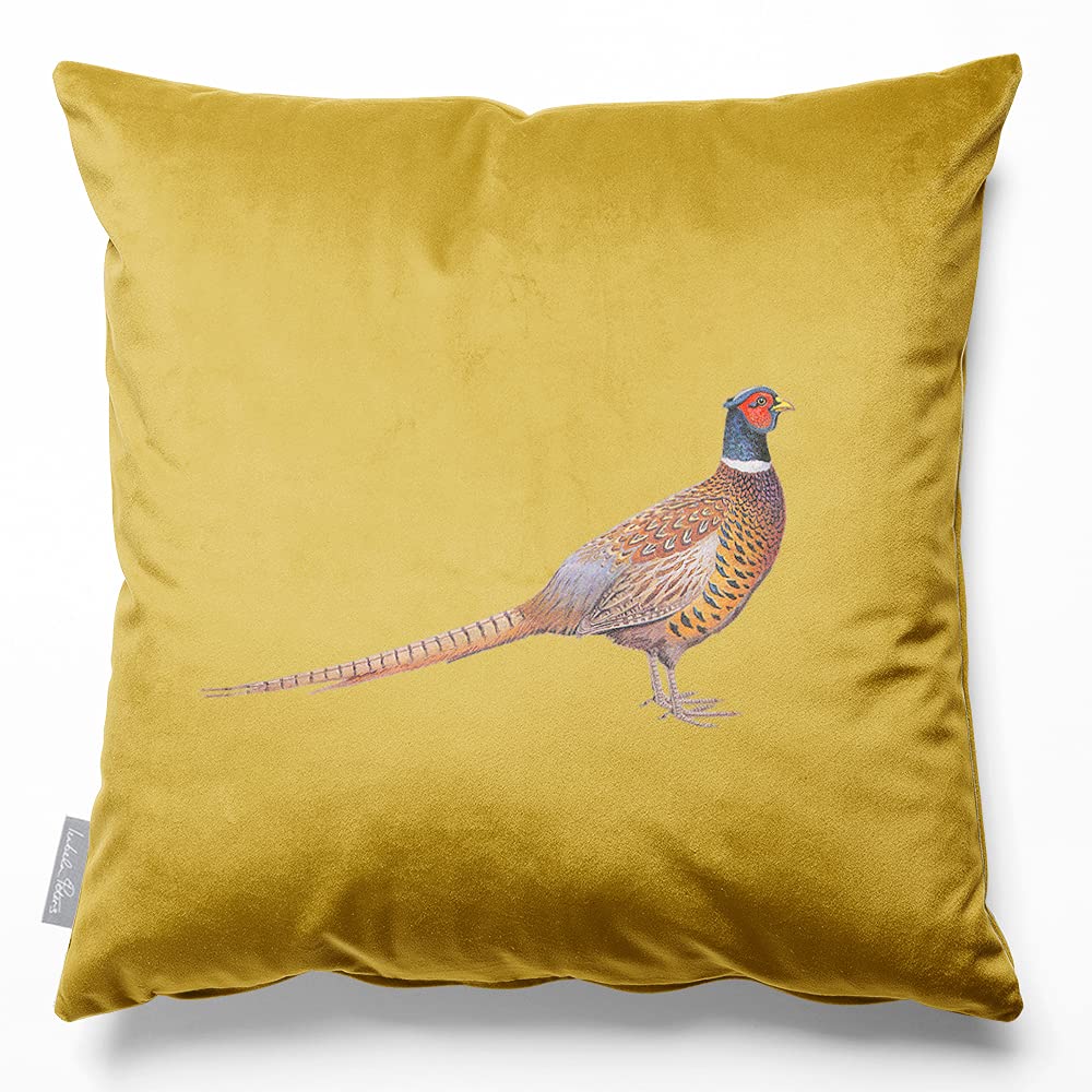Izabela Peters Pheasant - Mustard Velvet Cushions - Eco-Friendly, Filled, 45 Cm, Chair & Sofa Seat Cushions