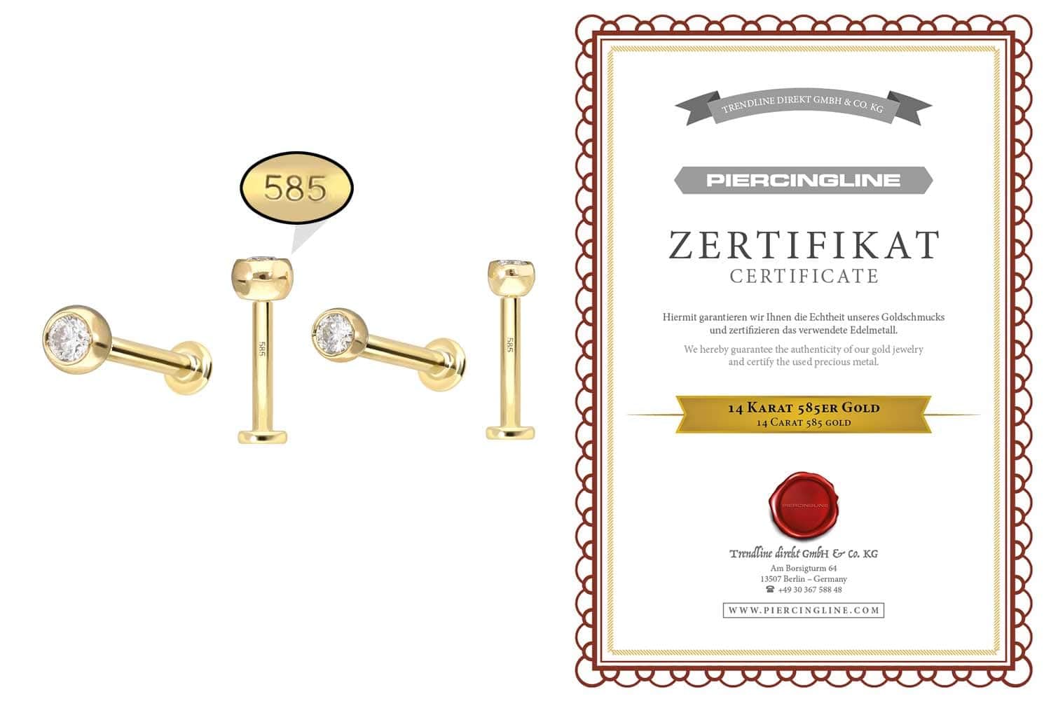 PIERCINGLINE Piercing Stecker 14 Gold Labret mit Innengewinde MOISSANIT 585er Gold - Roségoldfarben, Goldfarben, Silberfarben
