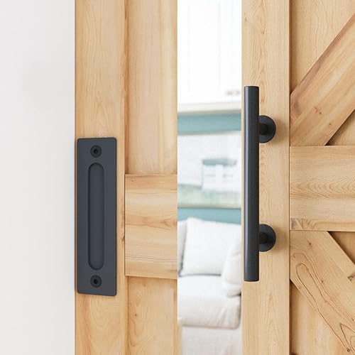 Miniatura 4 de SMARTSTANDARD - Juego de herrajes de alta resistencia para puerta corrediza estilo granero, color negro,1 manija y 1 guía para el suelo, para