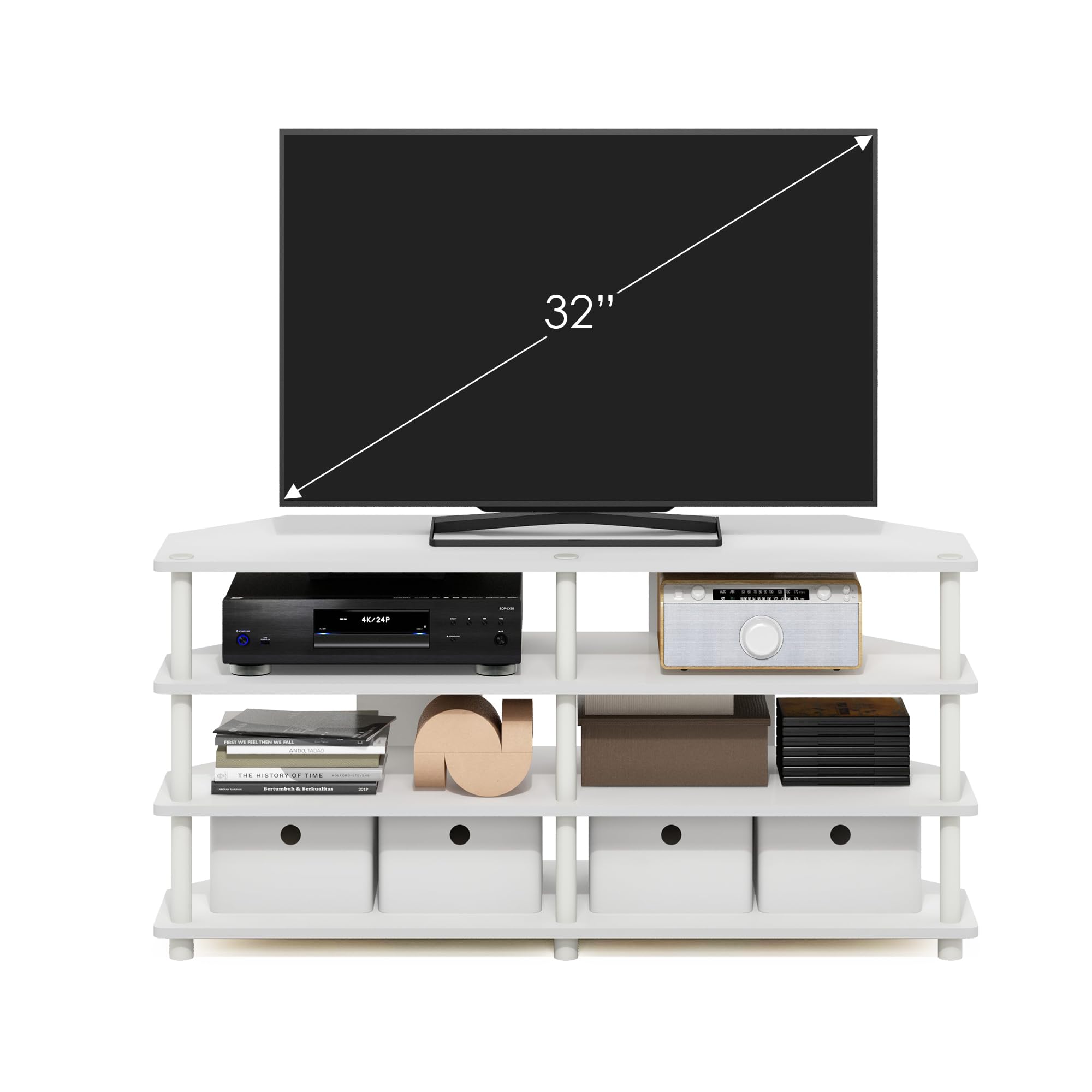 Furinno Econ leicht montierbarer 4-stufiger Eck-TV-Ständer für Fernseher bis 55 Zoll, Weiß/Weiß