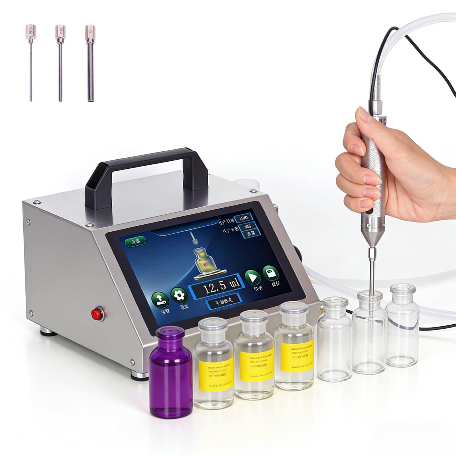 Riempitrice automatica di liquidi per piccole bottiglie con 3 ugelli e pannello digitale, manico portatile, ideale per oli essenziali, profumi, miele, lucidalabbra