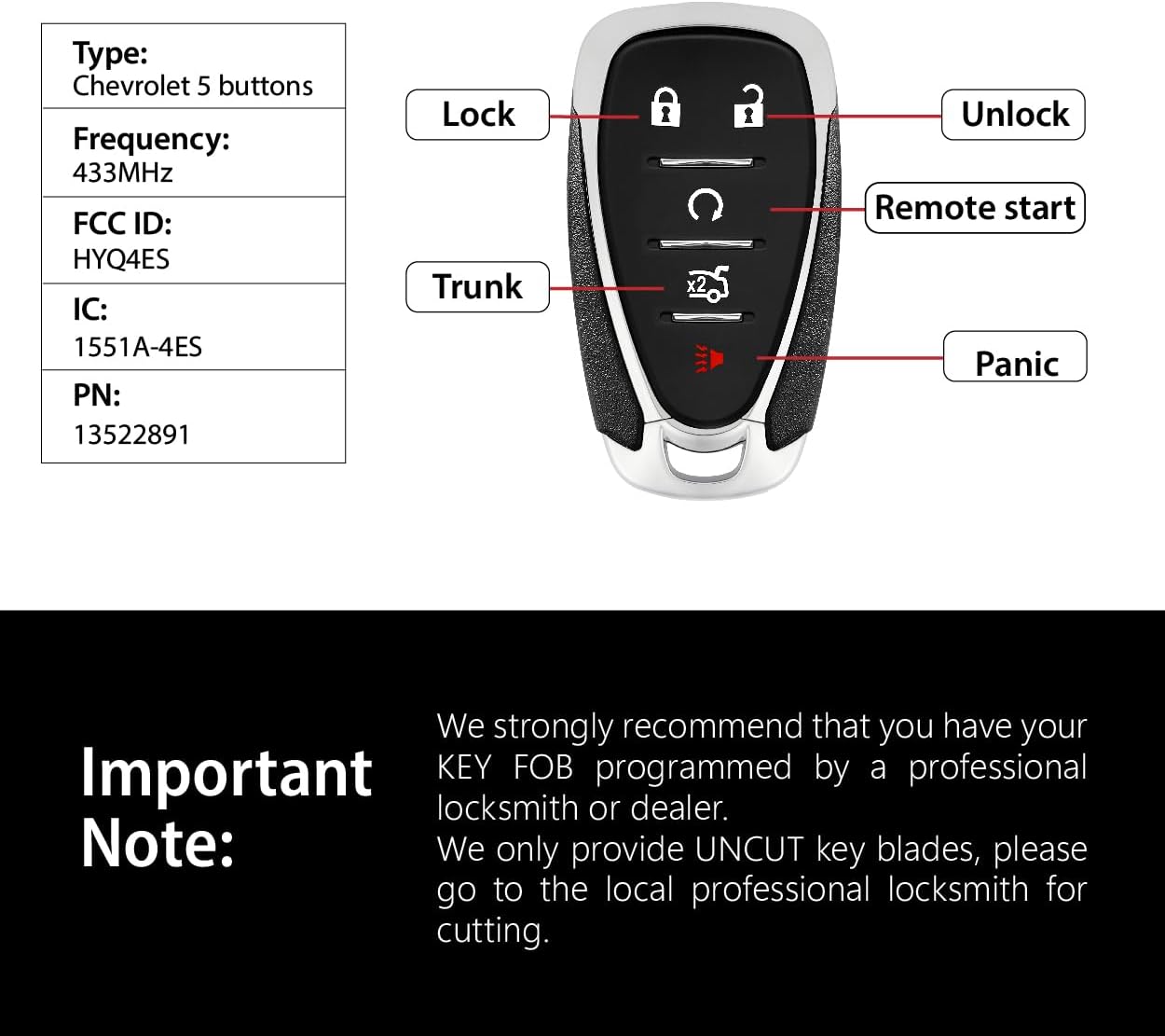 Replacement for 2021 2022 2023 2024 Chevrolet Camaro Malibu Key Fob Remote Control HYQ4ES 5 Buttons 433MHz