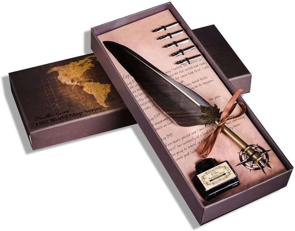 Antique Copper Feather Pen with Ink and Steel Tips Calligraphy Quill Pen Gift Set Back to School Gift (gray)