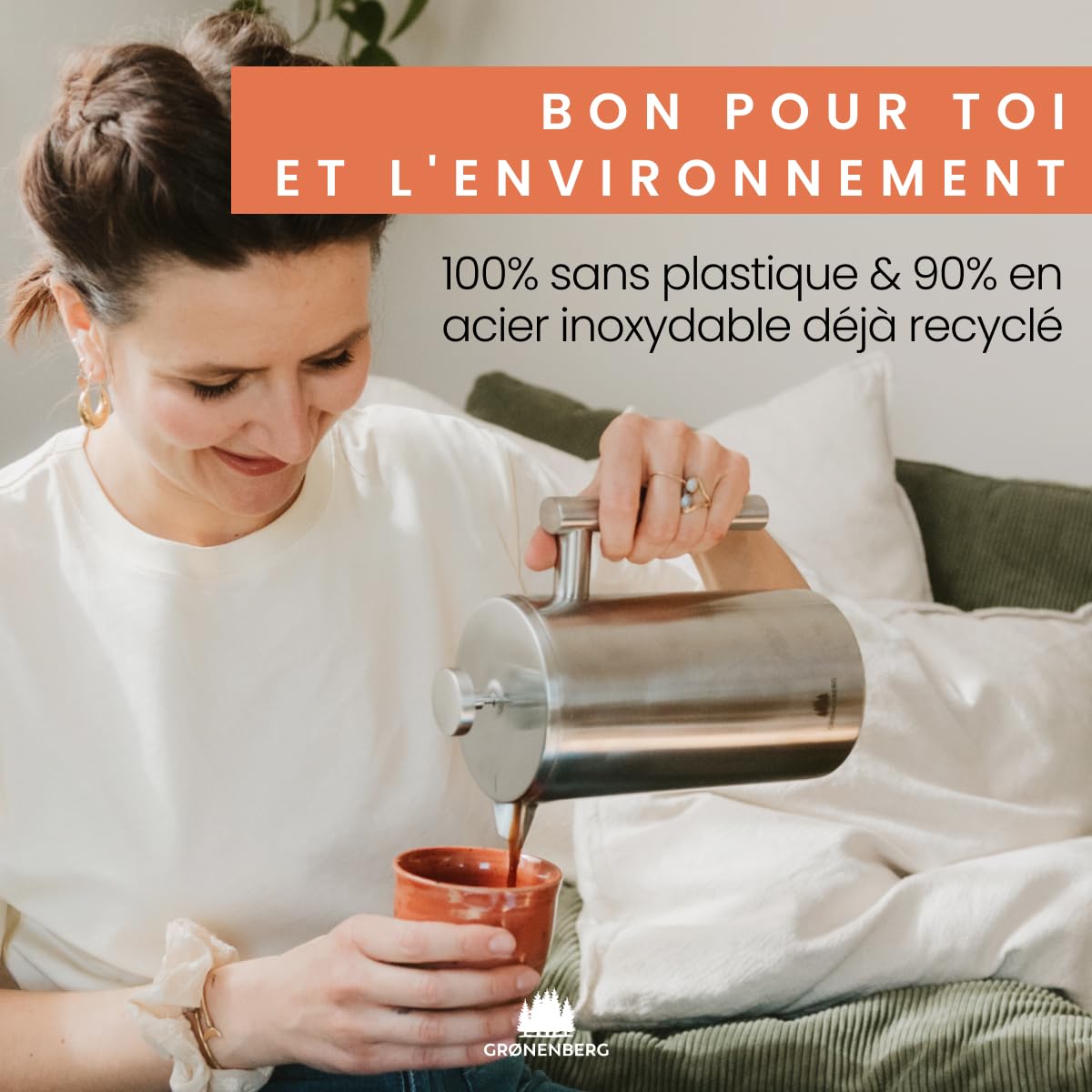 Groenenberg Cafetière à Piston | French Press avec filtres de rechange | 0,6 litre (3 tasses) | Cafetière a Piston en acier (inox)
