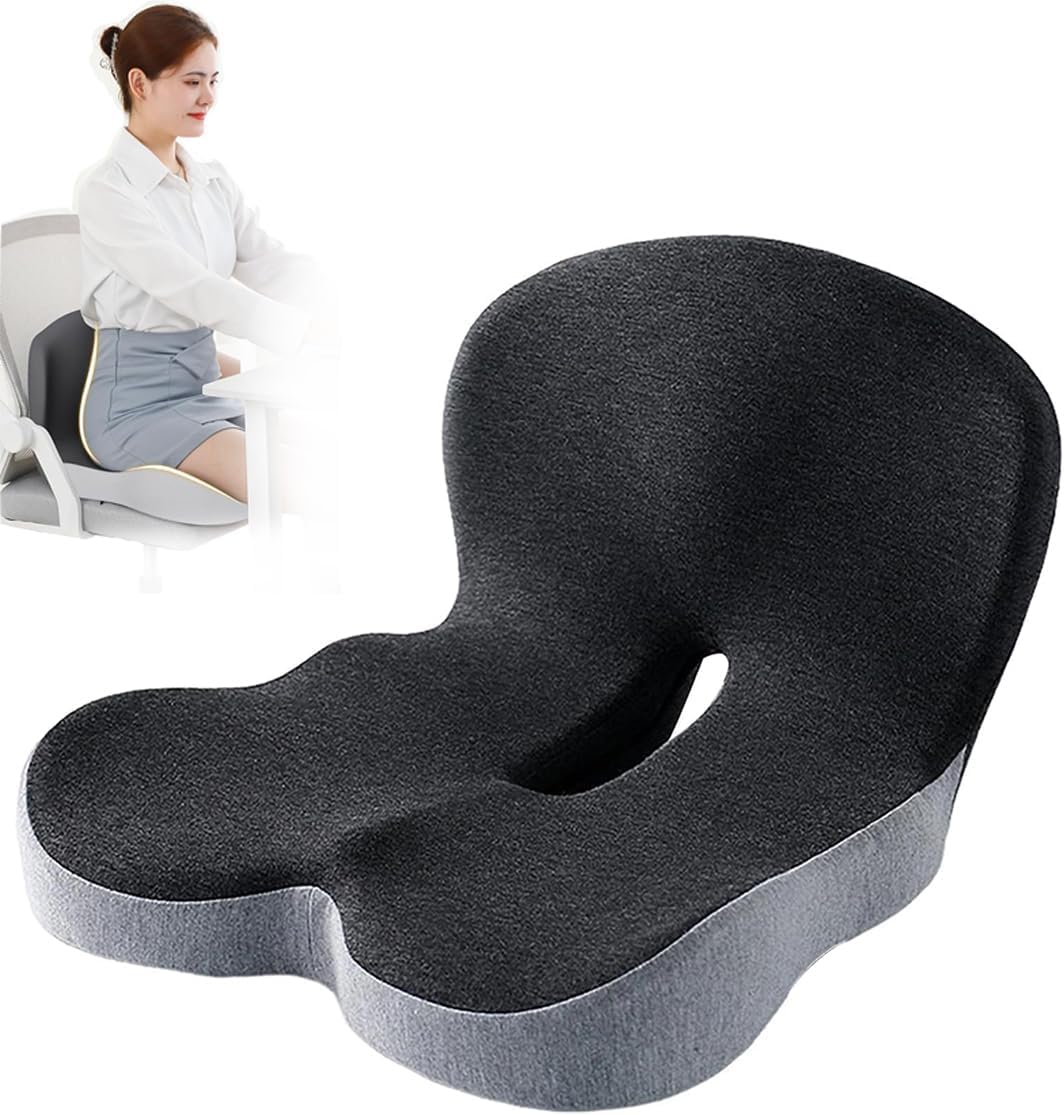 Memory Foam Office Chair Cushion, L-Shaped Integrated Seat Cushions, Chair Seat Cushion for Lower Back Tailbone Protection, Lumbar Support (Black Gray)