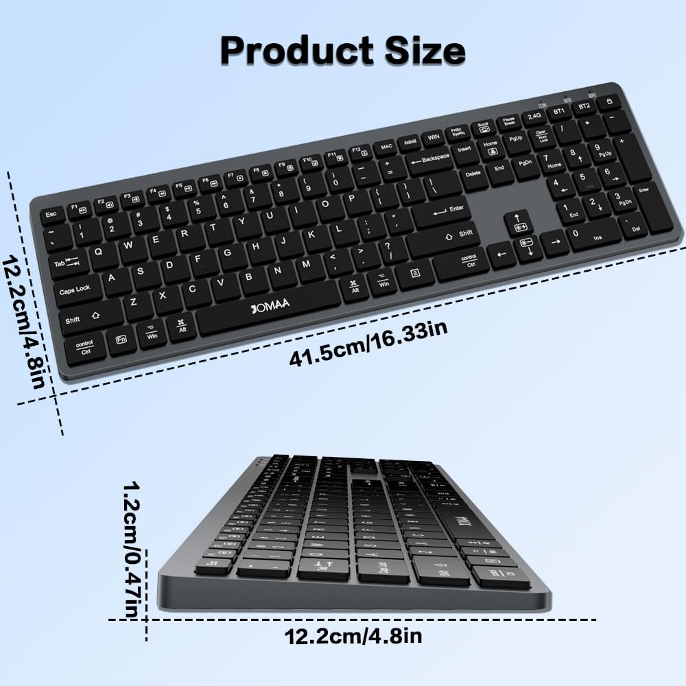 JOMAA Dual Mode Wireless Keyboard, 2.4G Bluetooth 3 Devices Switch, Quiet Scissor Switch Keys, Backlit with Multimedia Shortcut Keys, for Windows/Mac/iOS/Android PC Laptop Tablet