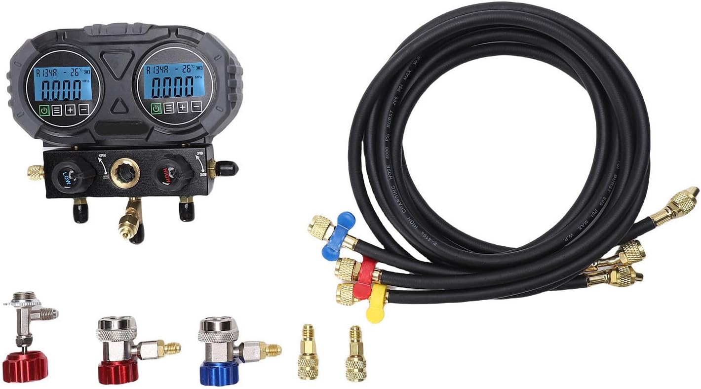 AUNMAS Digital Single Manifold Meter, HVAC Refrigerant Recharge Kit with Industrial Grade Ball Valve and LCD Screen, for AC Diagnostic Testing and Recovery Tasks