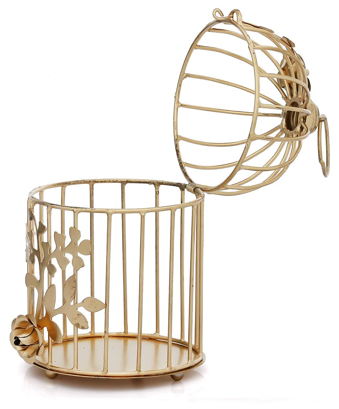 Parin Divisha Golden Cage Metal Iron Bird Cage Tea Light Holder with Flower Vine for Home Décor (Pack of 2) 2