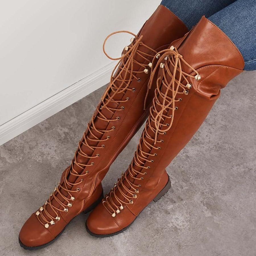 Yishaweiqi Over The Knee High Boots Lace-up Flat Long Boot PU Leather Riding boot4