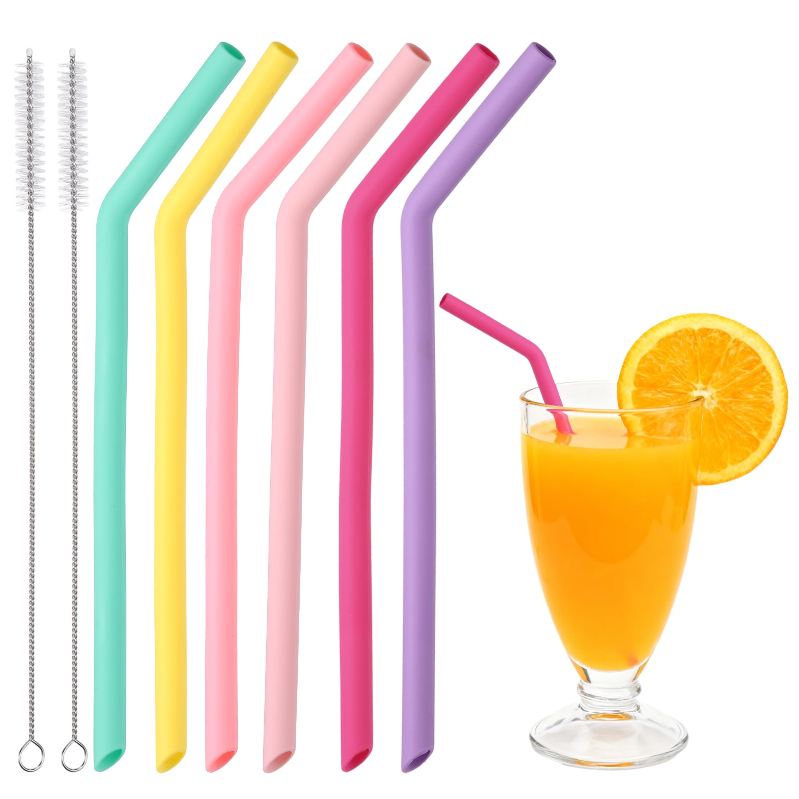 sourcing map Reusable Bent Silicone Straws, 10'' x 9 mm Silicone Straws Set with 2 Brushes for Milk Tea Juice Other Beverages, Pink/Rose Red/Purple/Dark Green/Yellow/Light Pink, Set of 6