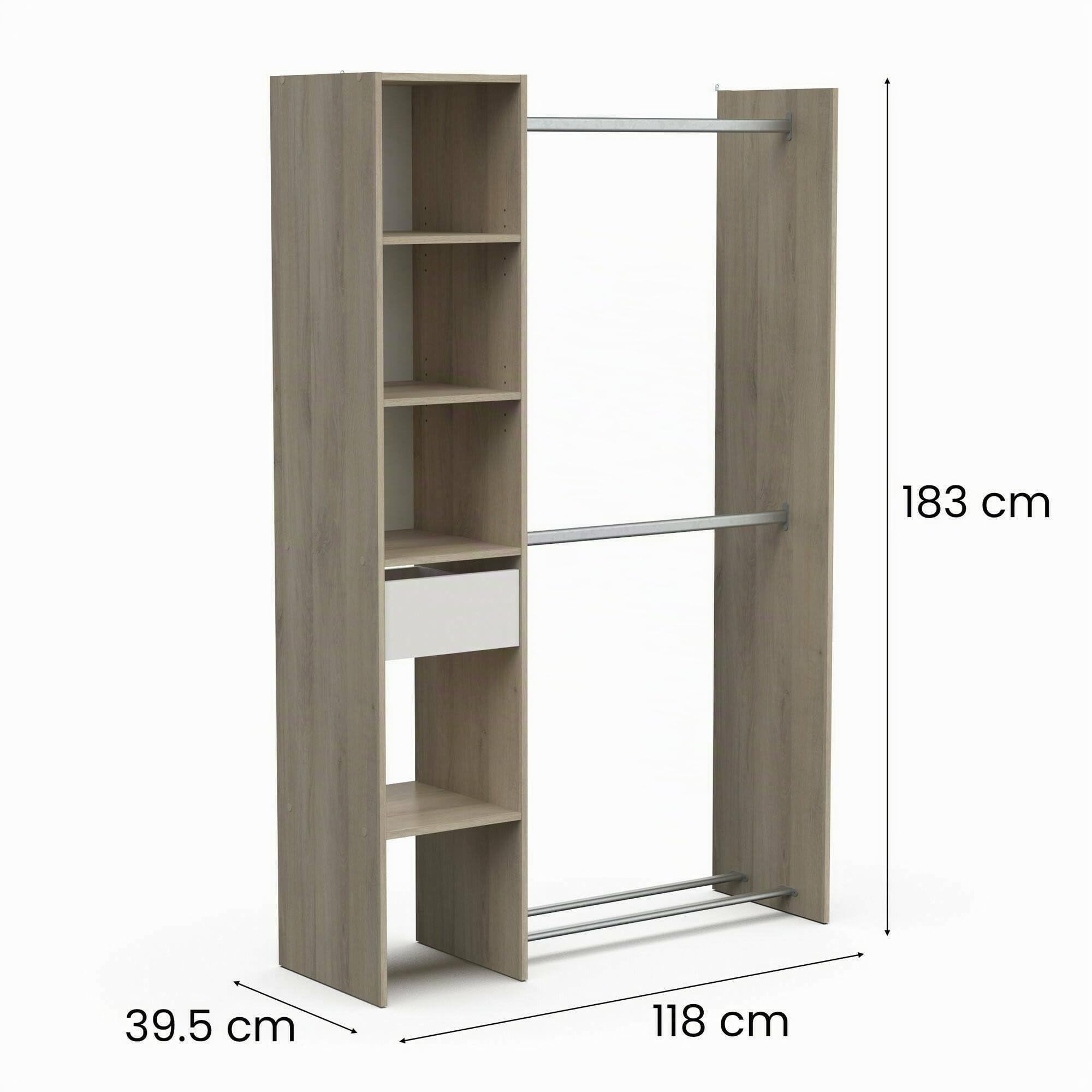 Dmora - Guardaroba grande Adour, Mobile camera da letto, Cabina armadio portabiti, Armadio appendiabiti, 118x40 h183 cm, Rovere e Bianco opaco