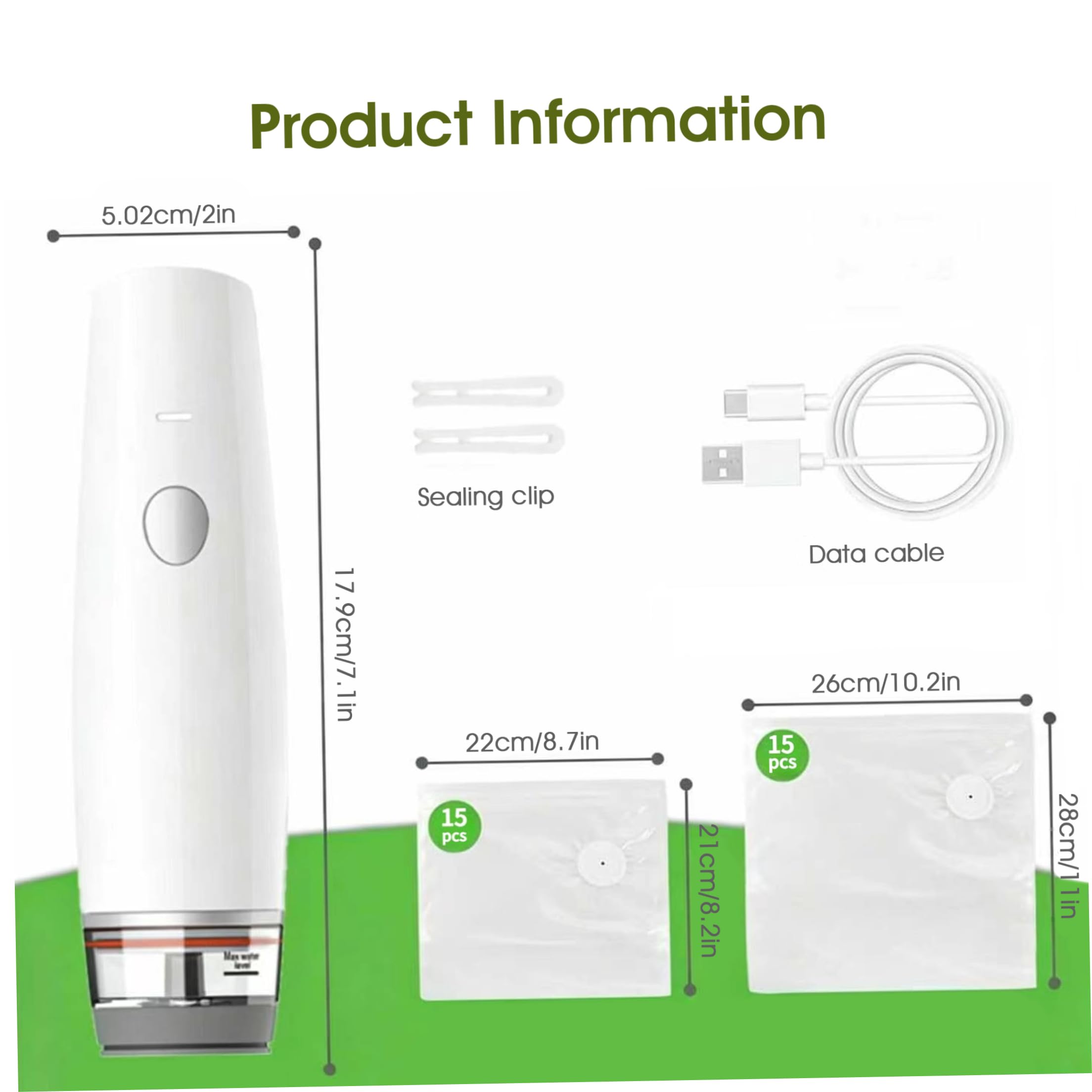 Scelleuse portable rechargeable blanche avec 15 petits et 15 grands sacs réutilisables, machine compacte à sceller les aliments pour la cuisine, préparation des repas