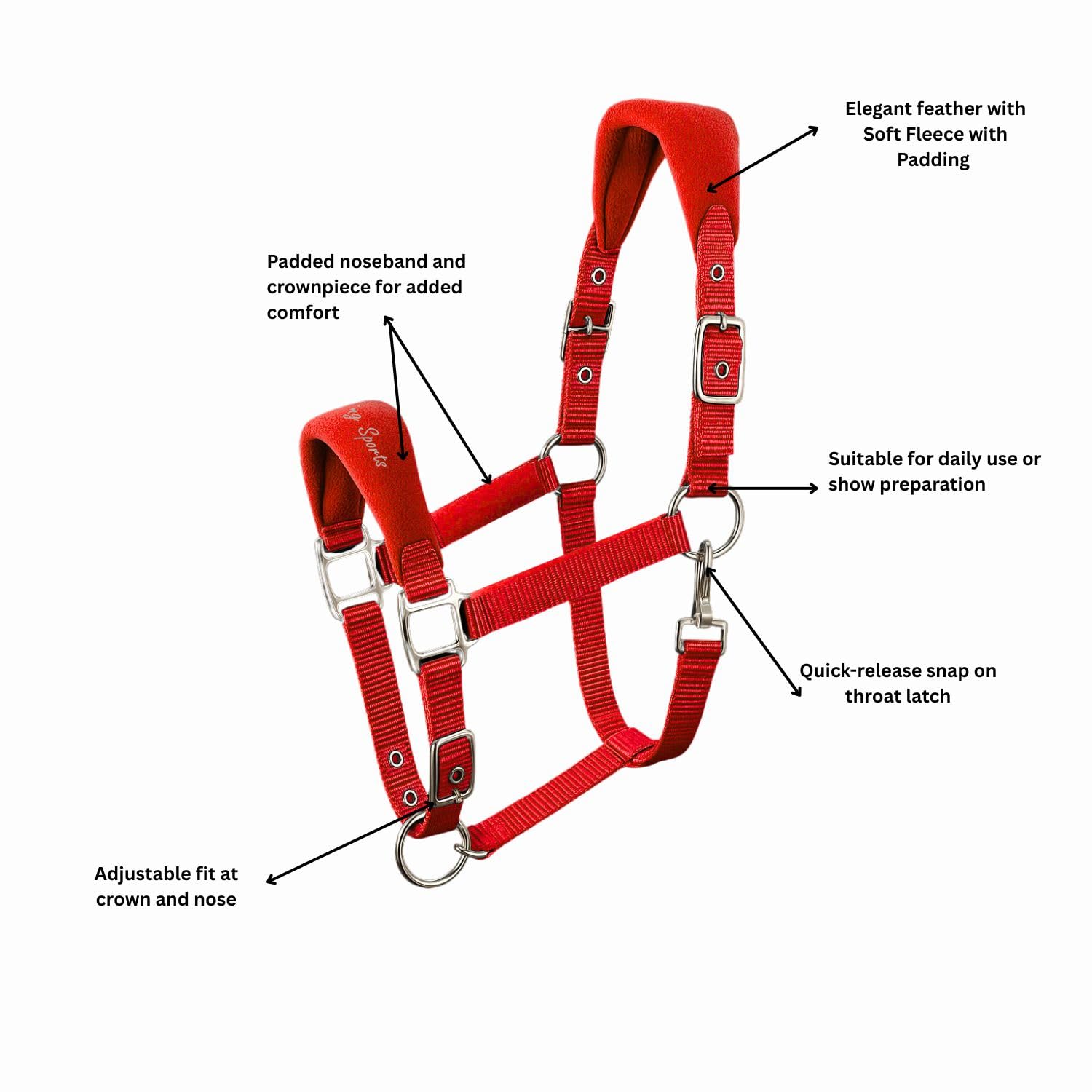 AK Feather - Collar acolchado suave para cabeza de caballo, acolchado extra cómodo, correas ajustables para bordillos y sondeos, cabestro suave, duradero y seguro para caballos AKRS-6070-01 (rojo