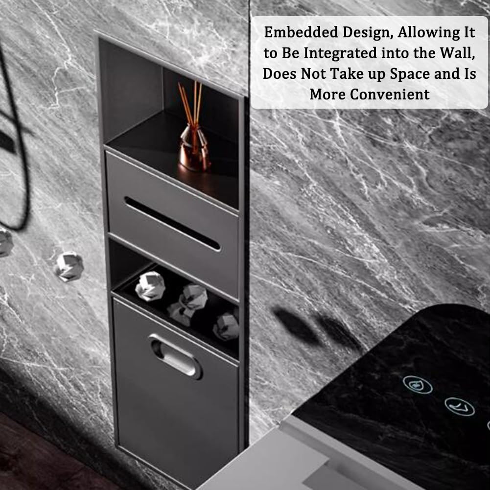 Nichos de Ducha de Acero Inoxidable Negro | Portarrollos de Papel higiénico Empotrado y Soporte para Papelera Integrado | Accesorios Elegantes para baño, Cocina y Sala de Estar | Fácil Insta