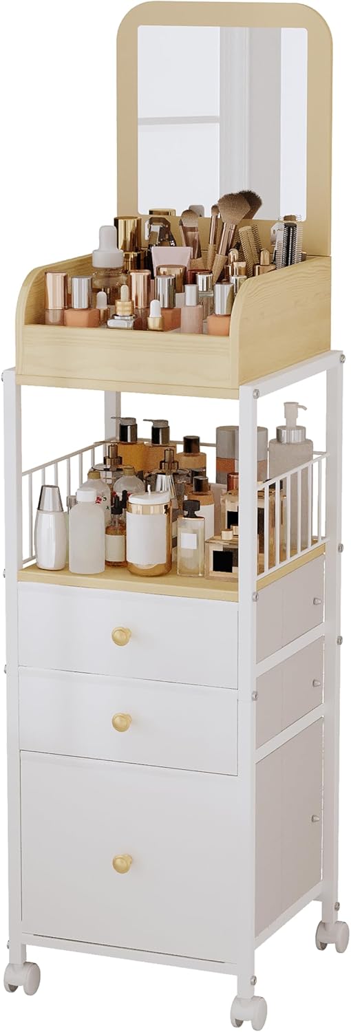 Makeup Cart Organizer with Mirror, Large Floor Skincare Organizers Make Up Organizers-Vanity Storage Organizer Cosmetic Display Cases Holder for Skin Care Perfume Nail Polish Brush Hair Tool (White)