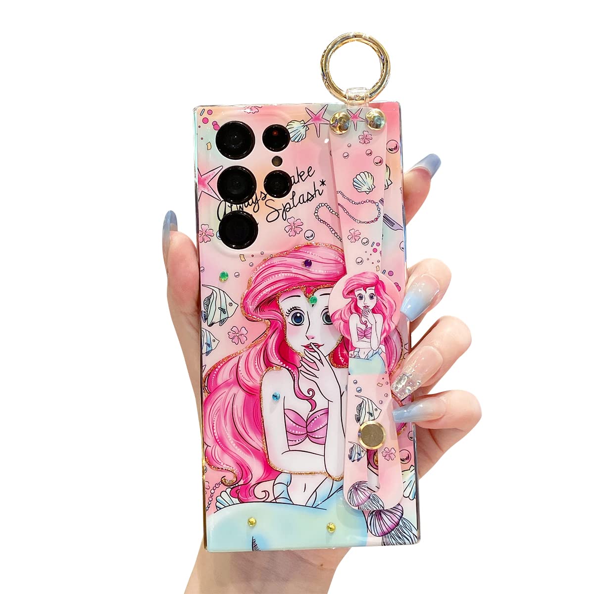 Meishangmei for Samsung Galaxy S22 Ultra Case 6.8" Sparkle Bling with Strap Stand Cute Pattern IMD Design Silicone Shockproof Protective Glitter Cases