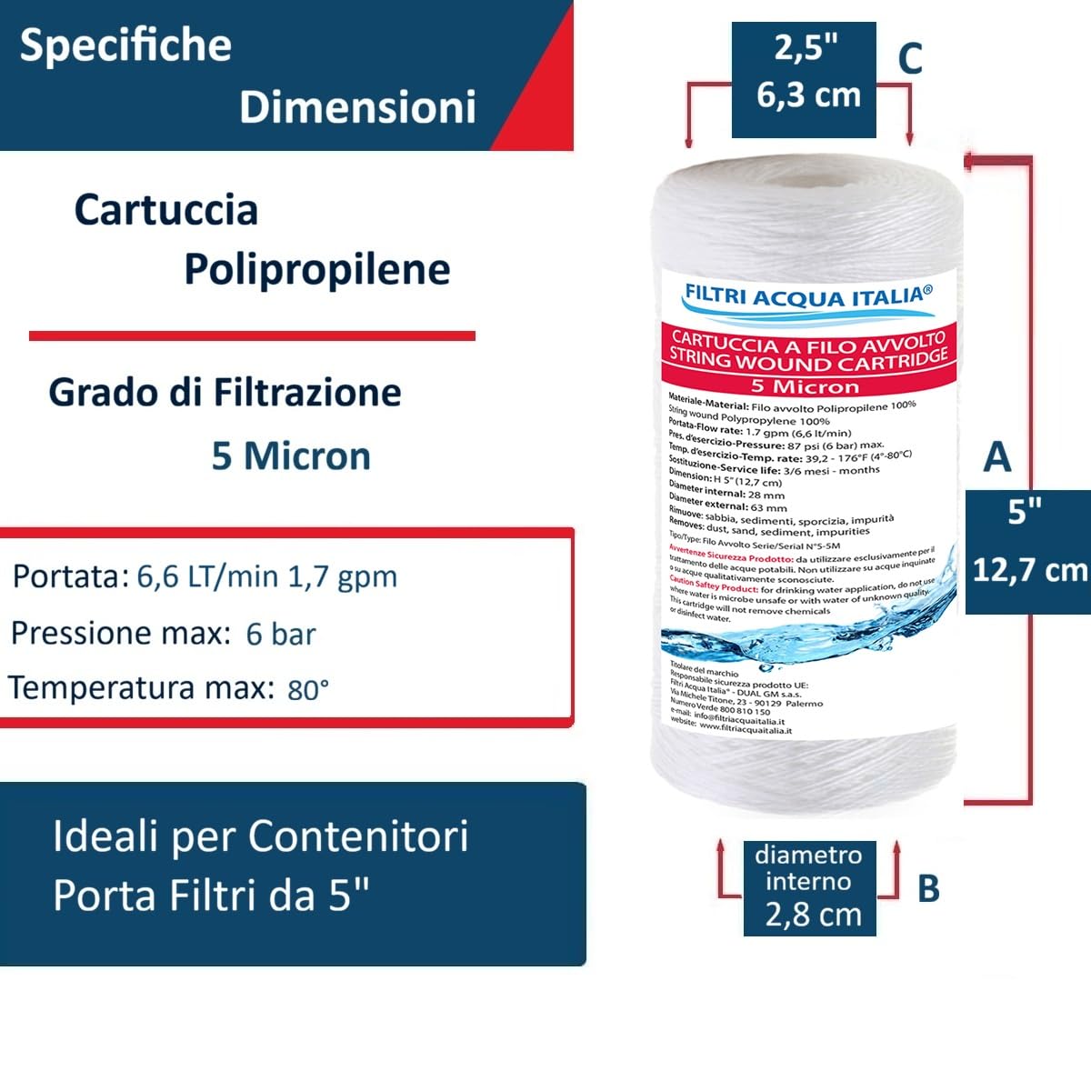Filtri Acqua Italia Filtres à eau Italie Cartouche fil enroulé 5 pouces Micron 5, lot de 10 pièces